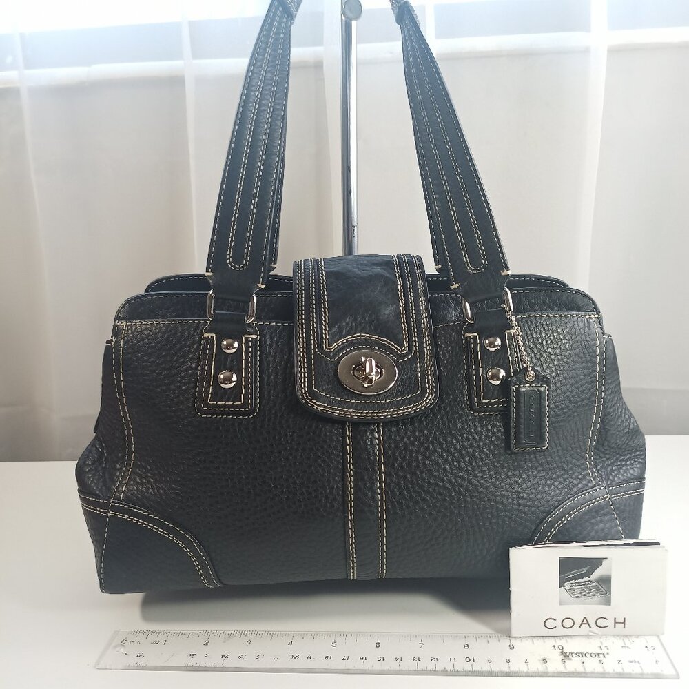 Coach Hampton Medium Black Satchel Pebbled Leather Silver Hardware Lock Accent